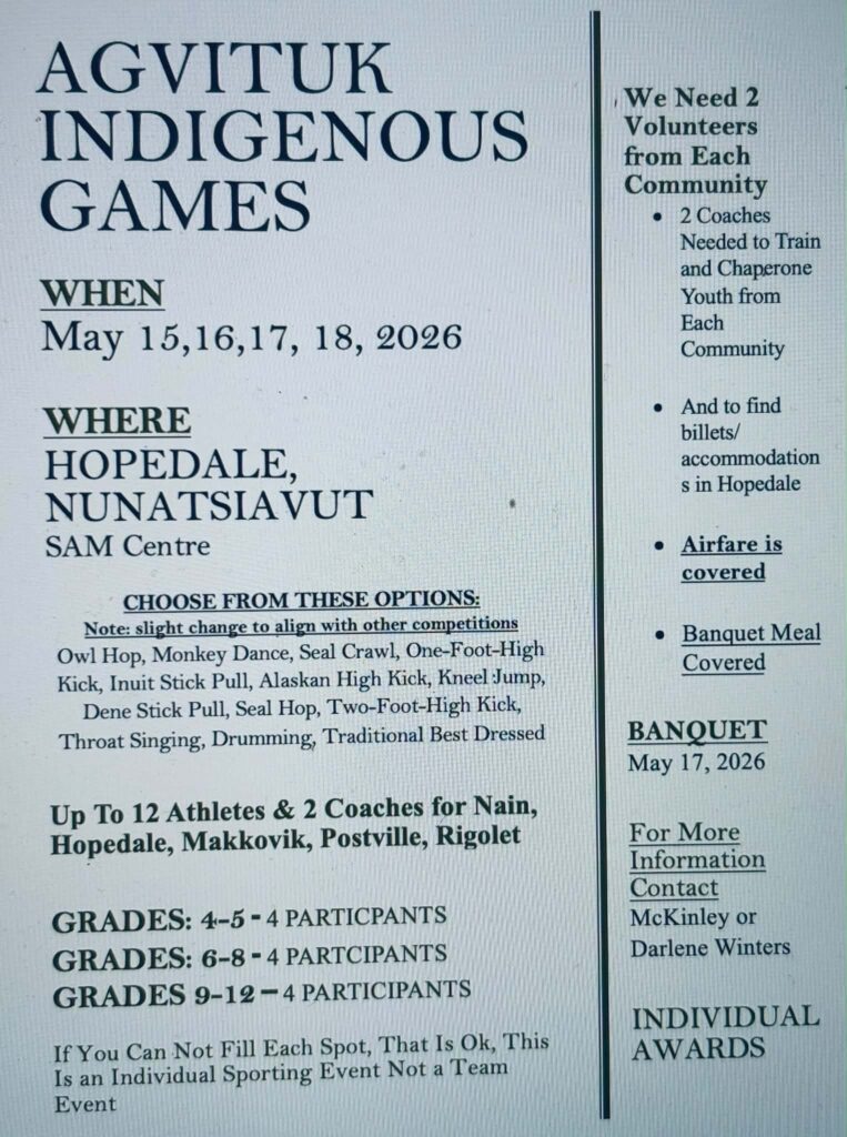 Poster with details about the Agvituk Indigenous Games, May 15-18, 2026